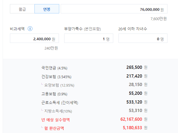 네이버 실수령액 계산기